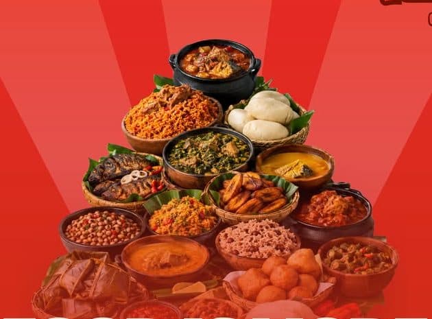 A tower of Ghanaian dishes: jollof, kenkey, plantain, soups and more